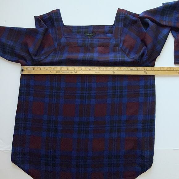 Ann Taylor Factory Plaid Blouse Women’s S Burgundy Blue Long Sleeve Square Neck - Picture 10 of 11